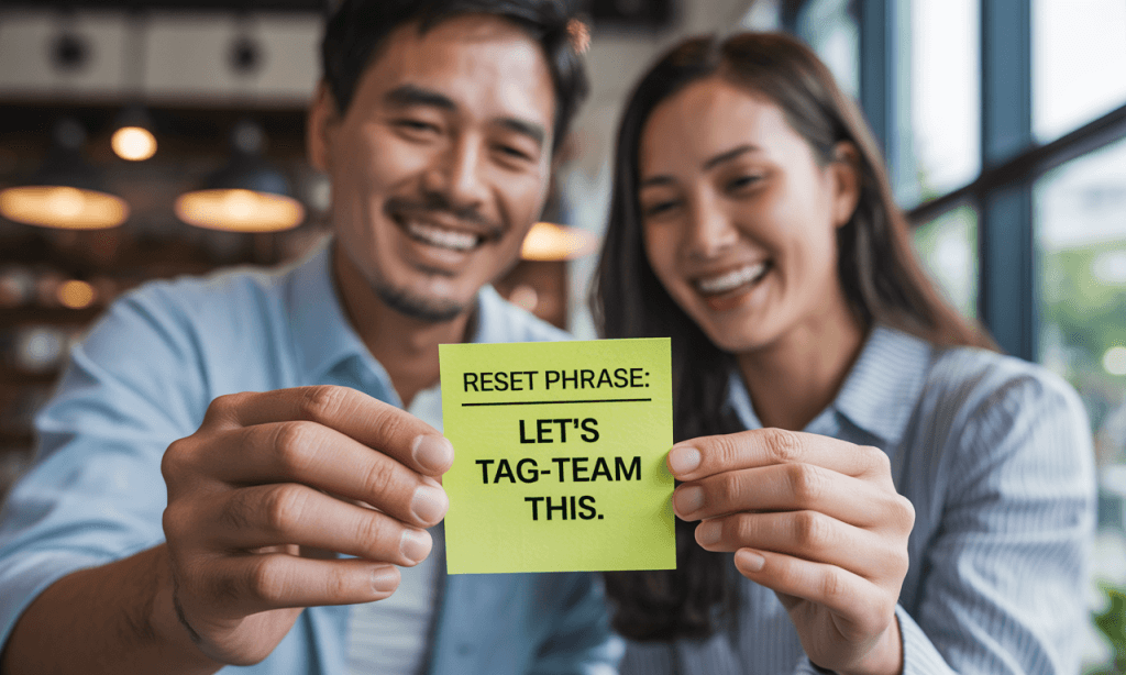 Couple creating tone reset cues as part of their marriage style guide to improve communication.