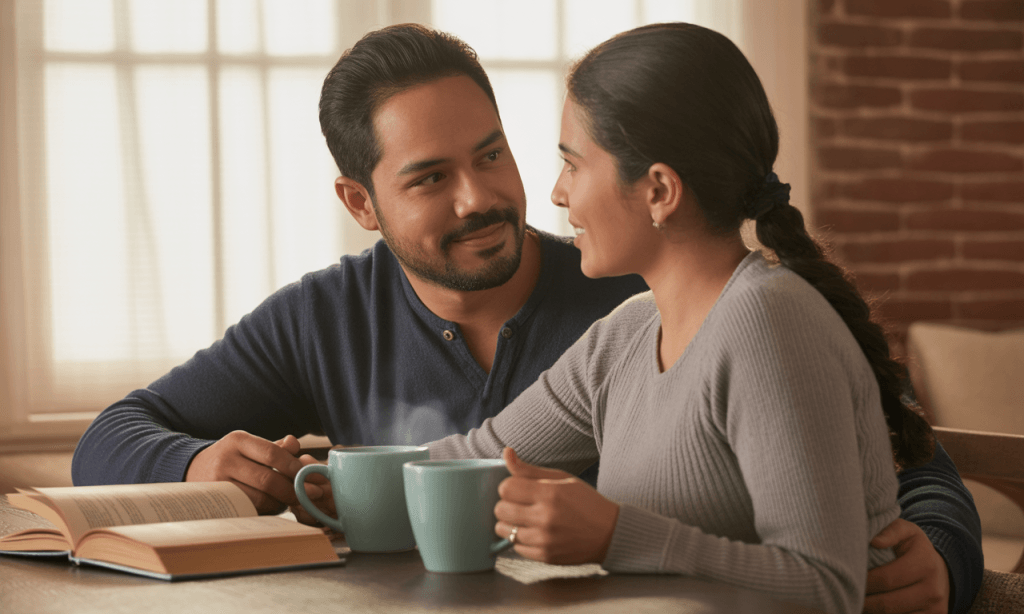 Couple keeping connection alive through a weekly anchor ritual at home.
