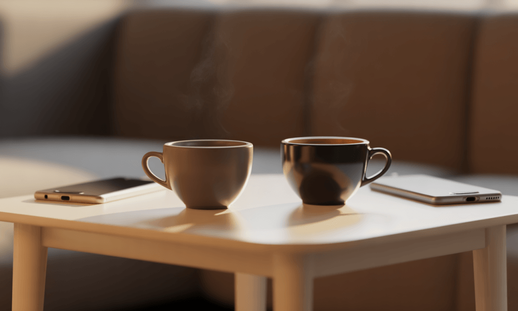 two coffee cups on a table with phones face down showing device-free date ritual