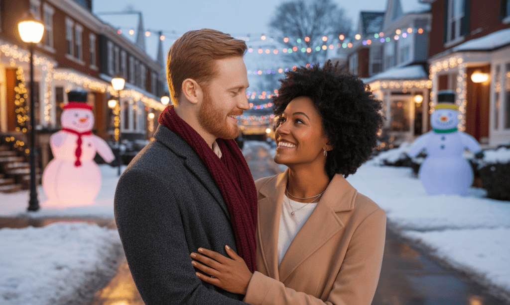 Couple enjoying a light-scavenger hunt as a holiday micro-adventure.