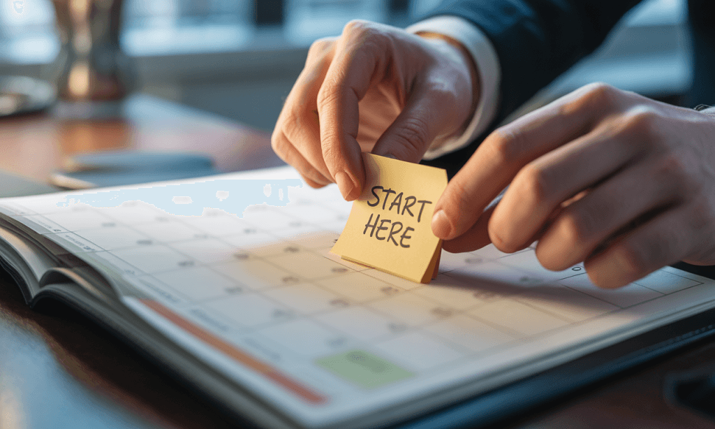 hands placing a sticky note on a calendar that reads “Start here” signaling a small step to begin the translation from idea to practice