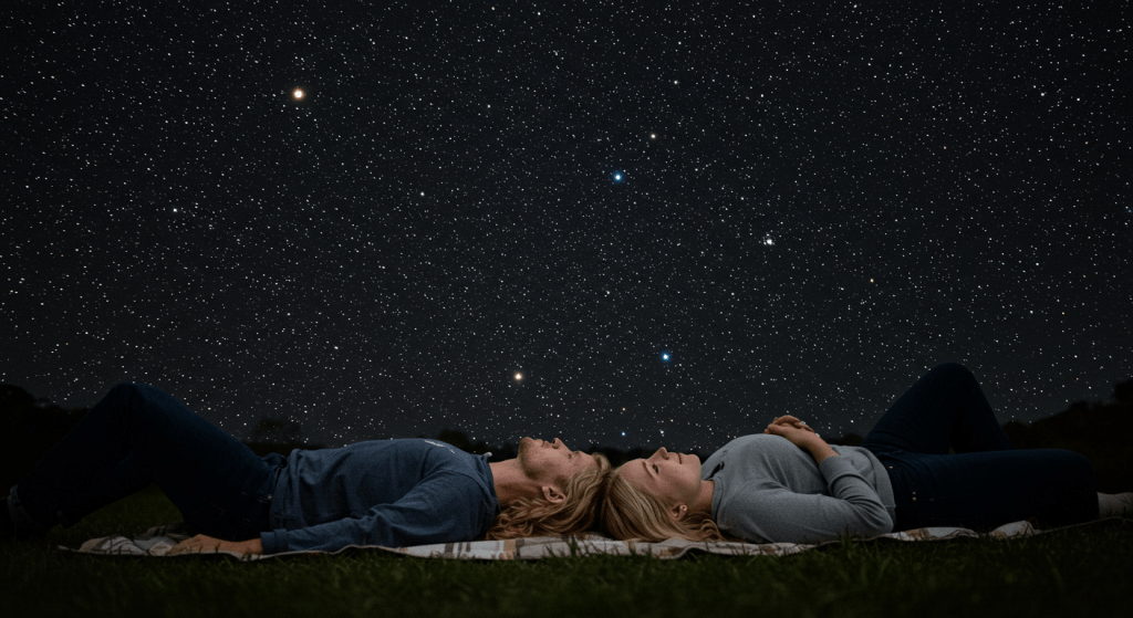 Couple enjoying a free stargazing micro-adventure to strengthen their bond.