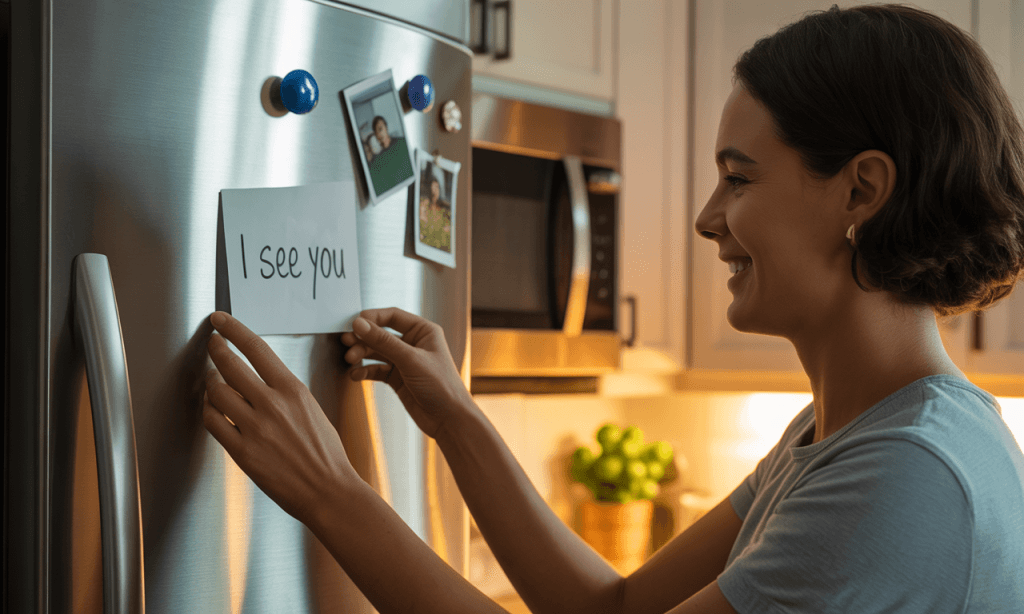 Note saying I see you on fridge symbolizing acknowledgment in marriage.