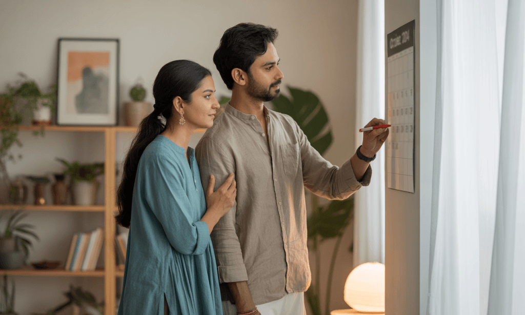 Couple tracking their 10-minute check-in streak on a shared calendar.