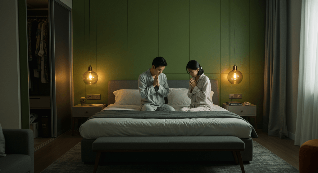 Couple praying together showing intentional connection.