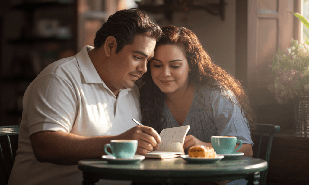 Married partners debriefing a challenging week calmly over coffee.