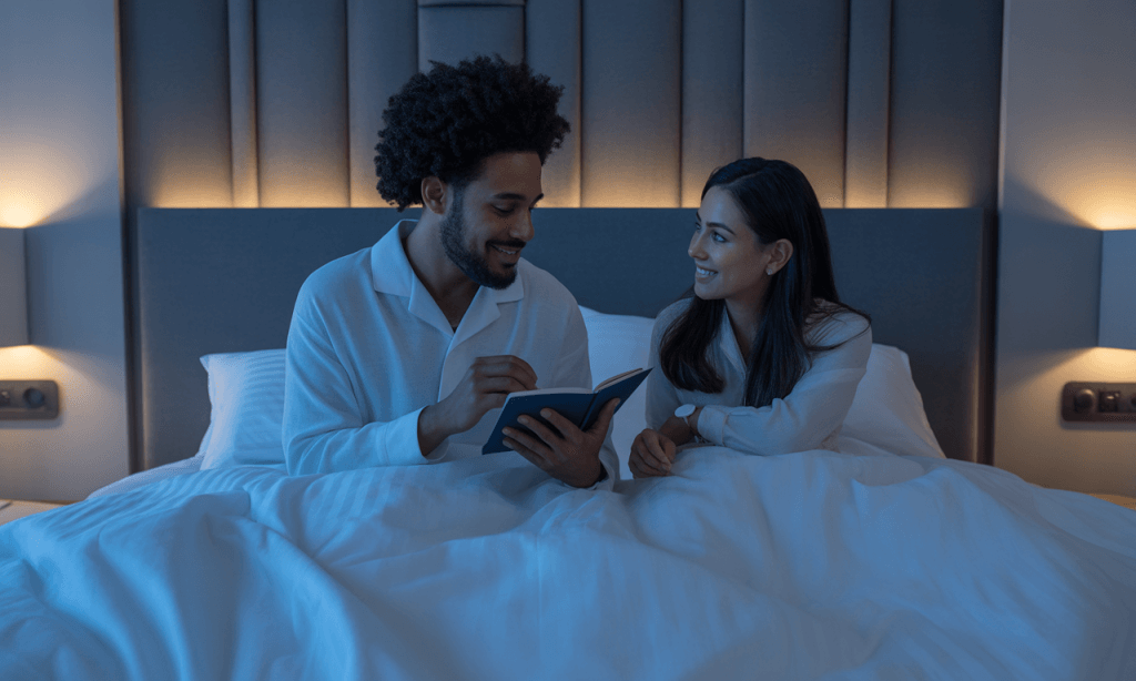 Husband and wife ending an ordinary Tuesday with a short gratitude check-in before sleep.