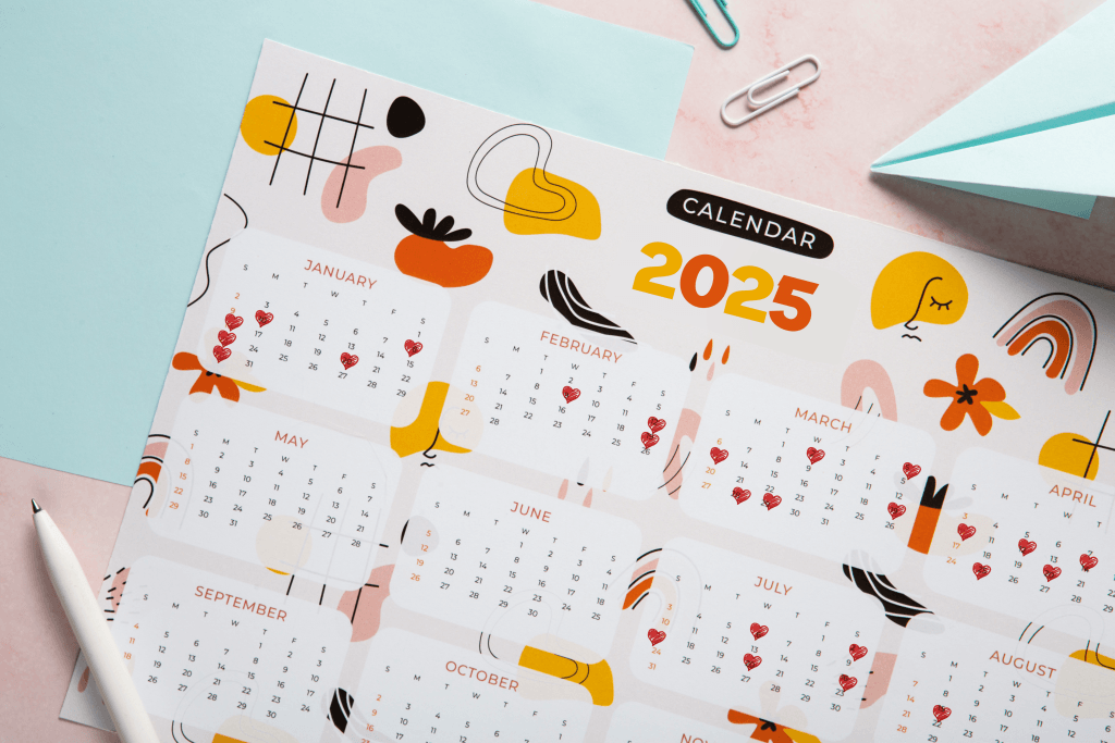 Calendar with hearts drawn on regular weekdays, representing carrying holiday gratitude into everyday marriage all year long.