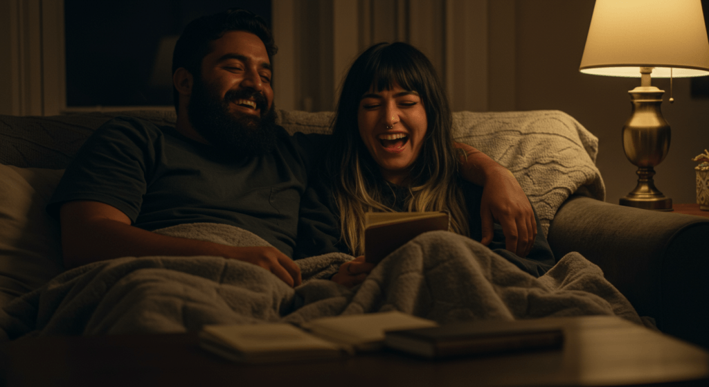 Free-spirited spouse relaxing during a warm, non-corporate weekly marriage meeting