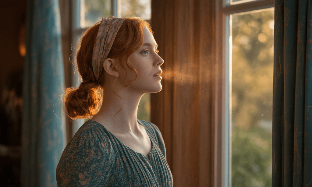 Man pausing by a window, taking a deep breath to calm emotions before continuing a conversation
