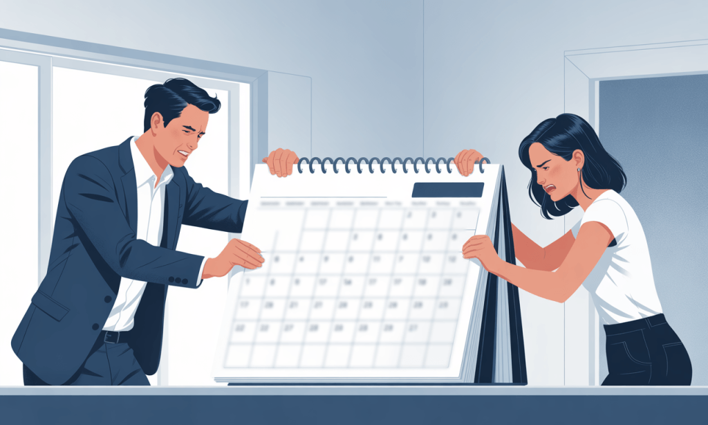 Planner spouse and free spirit spouse pulling a calendar in opposite directions, symbolizing tension over planning