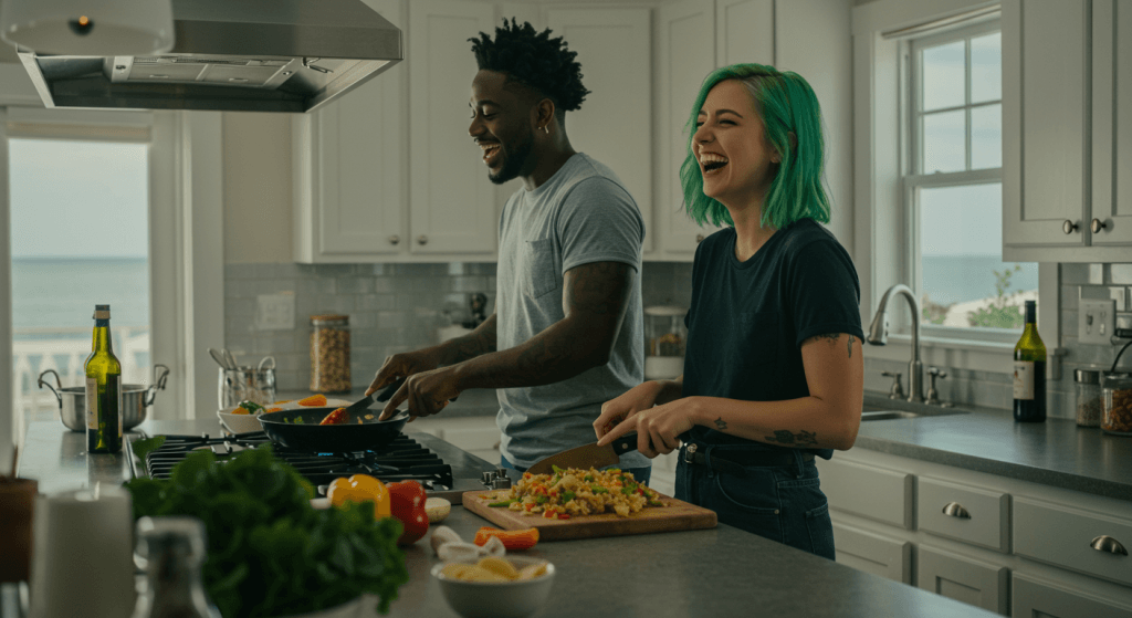 Couple enjoying a lighthearted evening together showing how easy moments build future strength.