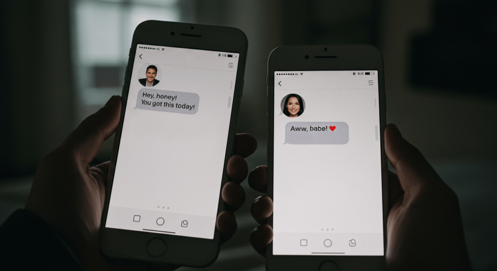 Supportive text messages between marriage teammates encouraging each other during a busy day