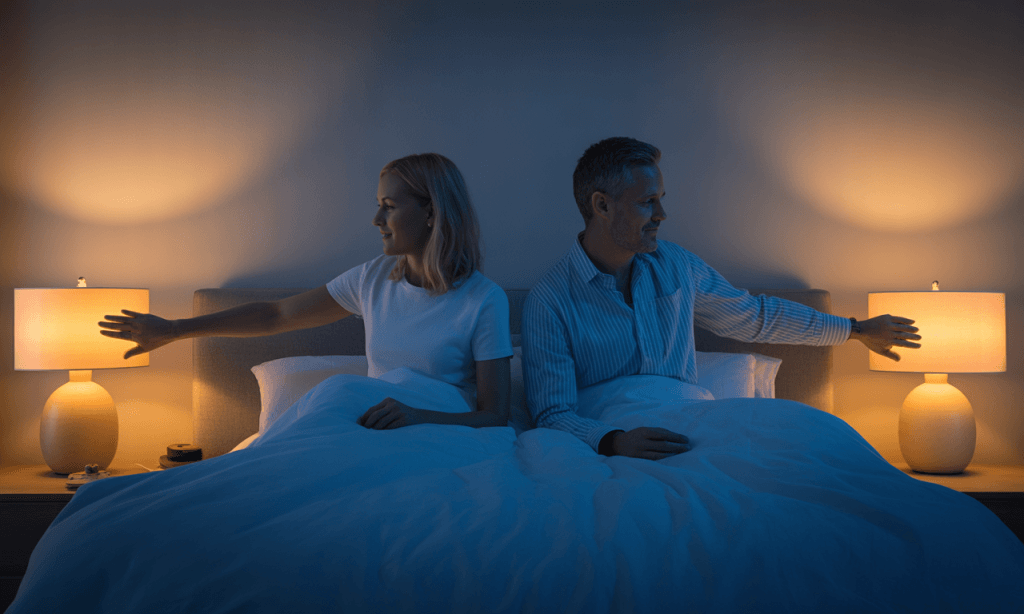 Couple preparing for sleep symbolizing emotional pause and commitment to reconnect tomorrow.