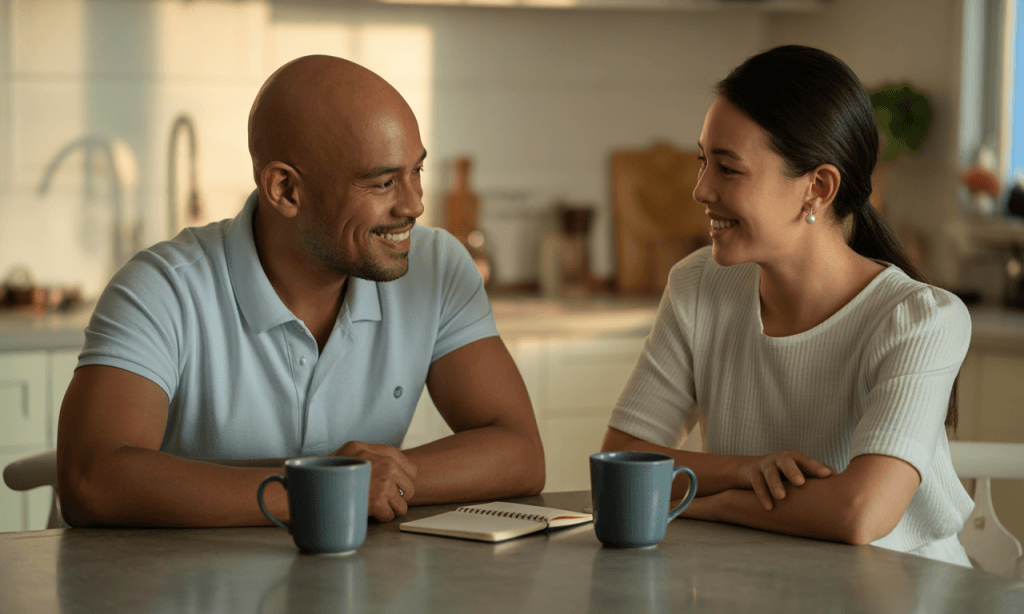 Married couple having a weekly marriage check-in at the kitchen table with coffee and a shared notebook
