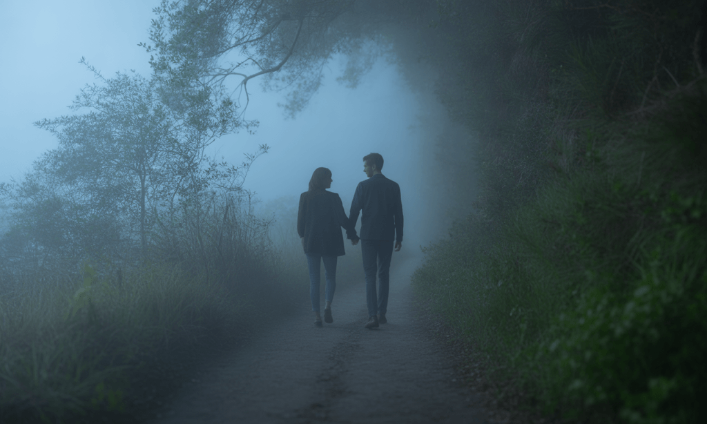 Couple walking hand in hand down a foggy road, symbolizing faith and unity through uncertainty