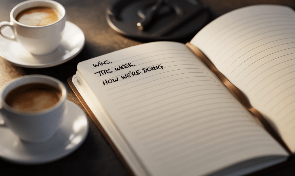 Simple weekly check-in outline used by marriage teammates to review wins, logistics, and connection