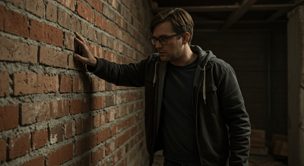 Person pausing in front of a half-built brick wall, symbolizing “You Don’t Know My Spouse” becoming a defensive wall in marriage.