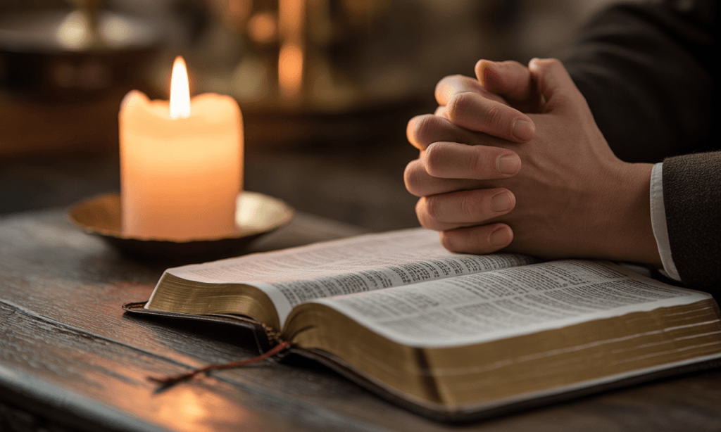 Couple practicing nightly prayer as part of faith-driven marriage ritual.