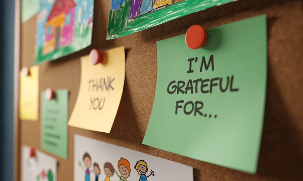 Family gratitude board with children’s drawings and thank-you notes, creating a visible reminder of thankfulness in the home.