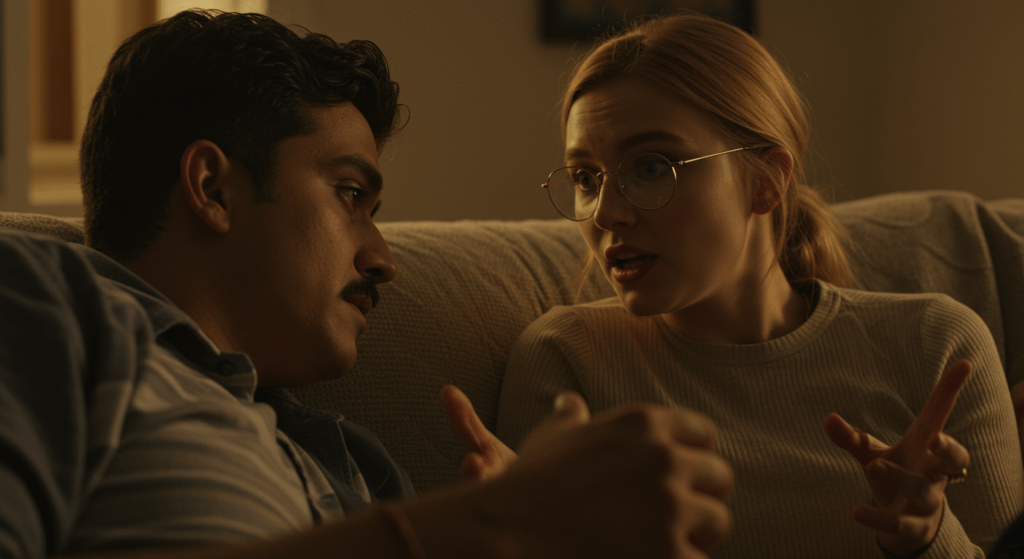 Spouse listening with care during a weekly relationship check-in conversation
