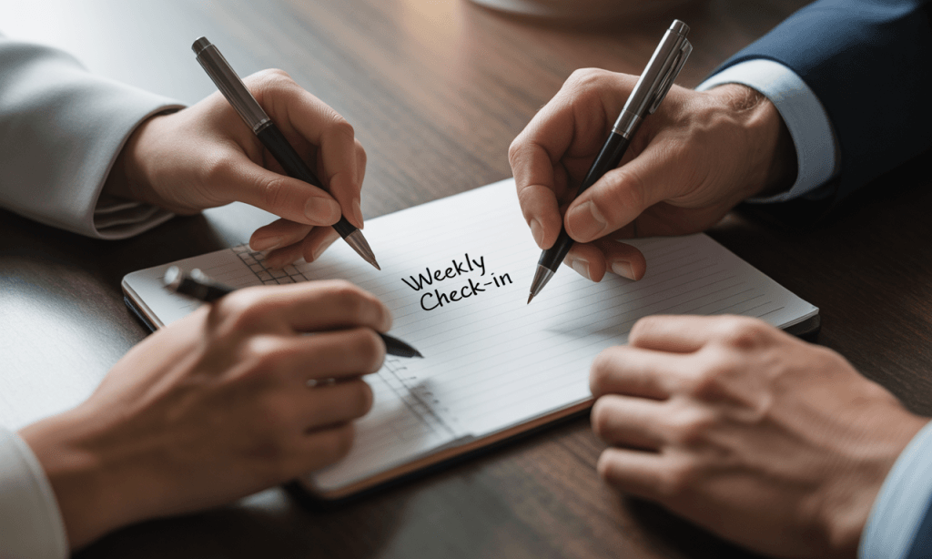 Husband and wife writing shared notes during a weekly marriage check-in meeting