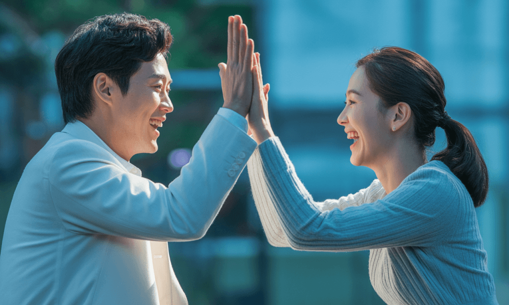 Couple smiling after resolving tension representing ease and partnership.