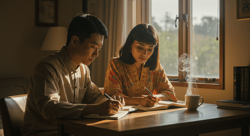 Couple writing gratitude lists symbolizing intentional daily practice.