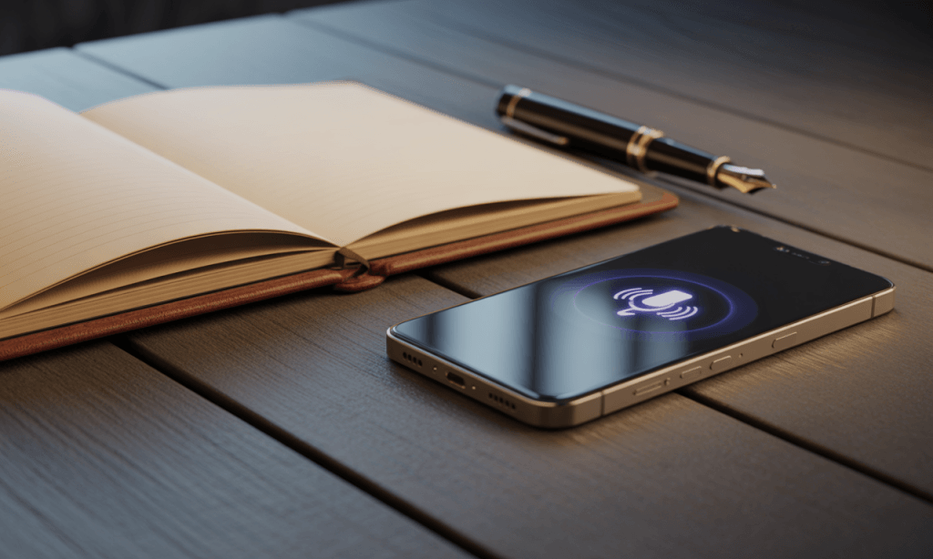 Phone, journal, and pen on a table, representing different gratitude formats like texts, journals, and voice notes for daily micro-thank-yous.