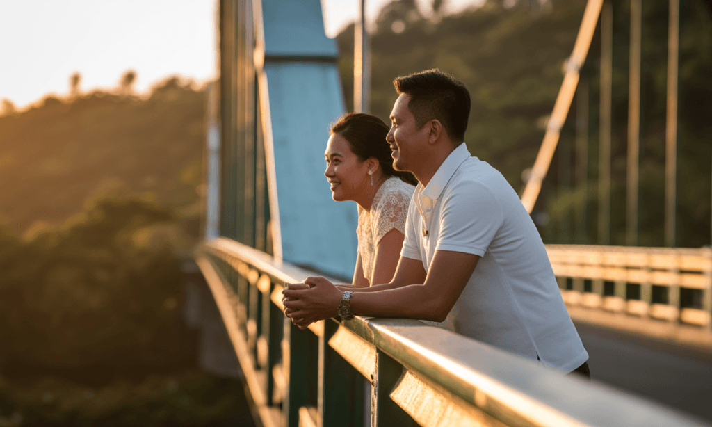 Married couple standing side by side on a bridge, symbolizing the vulnerable in-between space between hurt and healing