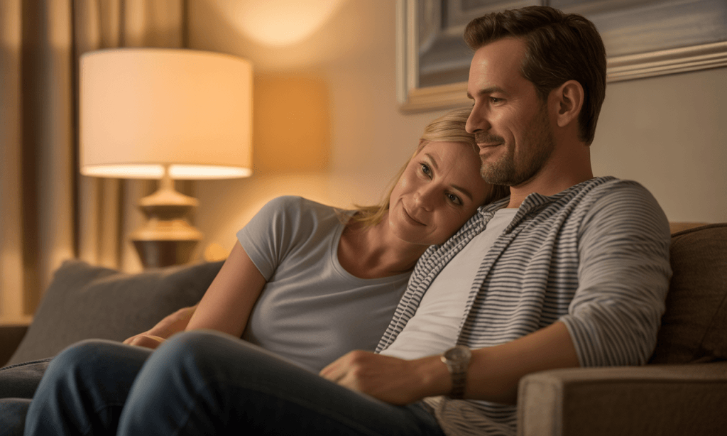 Couple resting together on a couch under warm light, quietly searching for something to be thankful for in an unfair season.