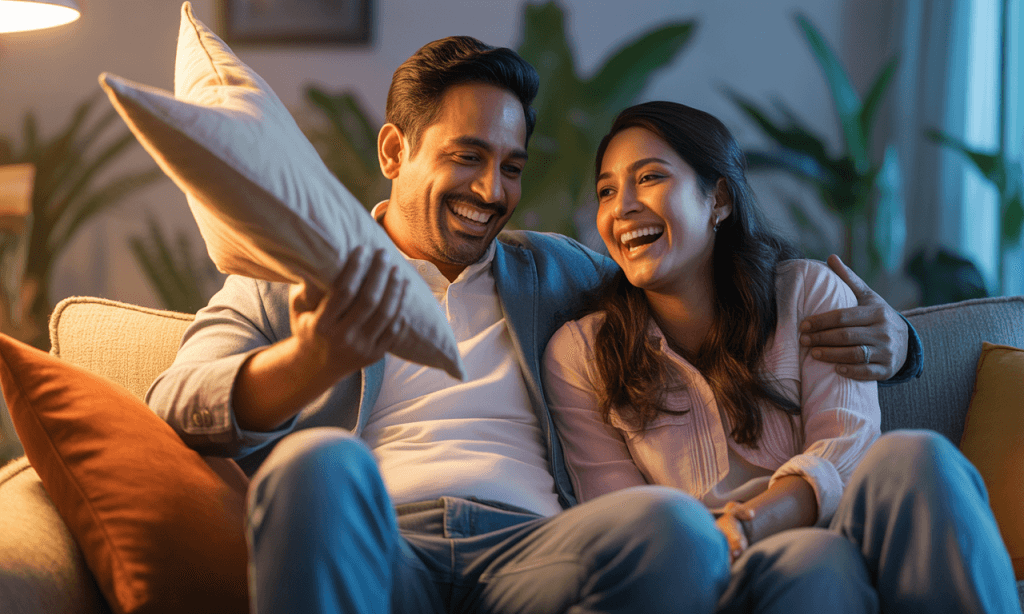 Married couple lowering stress through laughter and playful gestures.
