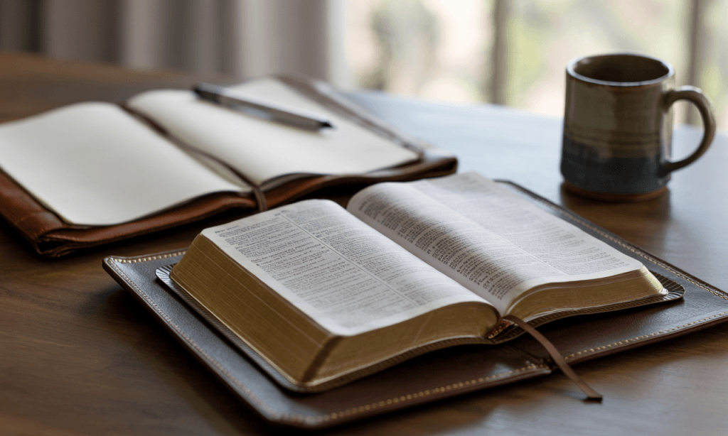 Notebook and Bible with pen symbolizing turning marriage insight into practical daily action.