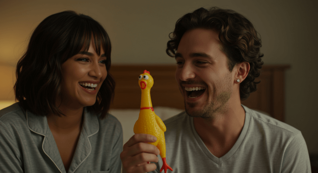 Married partners using a shared funny cue to defuse tension in marriage.