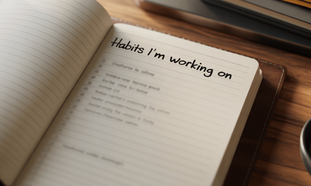 Simple habit list in a notebook, showing specific marriage habits being shared for Accountability That Heals, Not Shames.