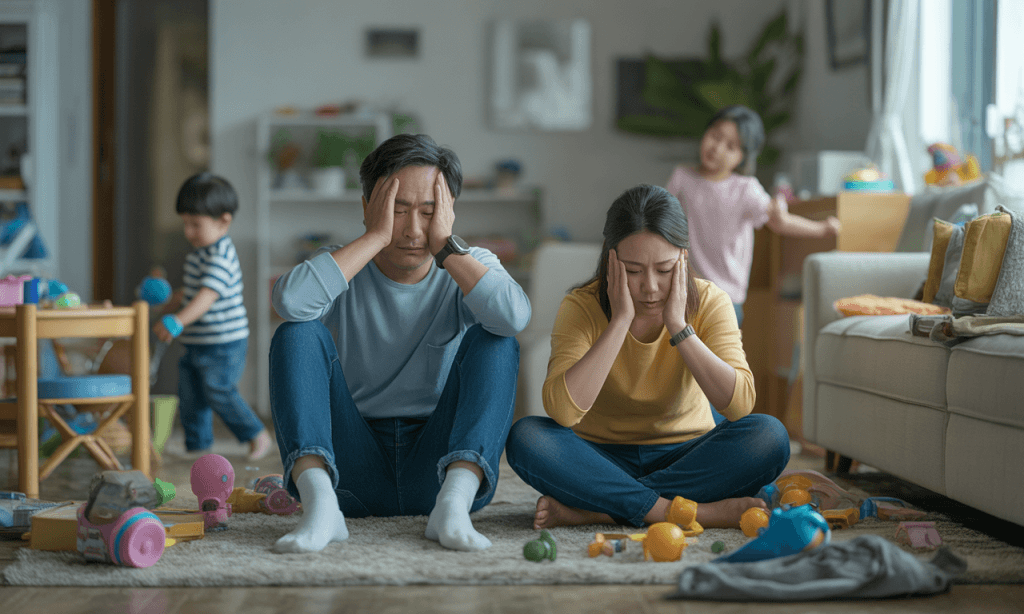 Mom and dad sitting calmly amid toys after a child meltdown, showing teamwork and patience