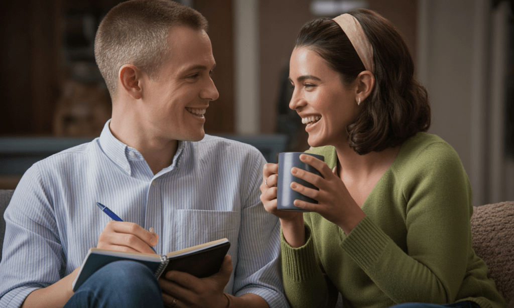 Planner spouse and free-spirited spouse enjoying a relaxed weekly marriage meeting on the couch