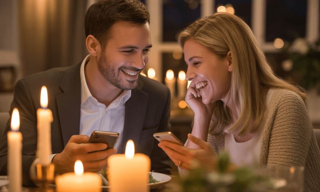 Couple enjoying device-free dinner symbolizing intentional focus.