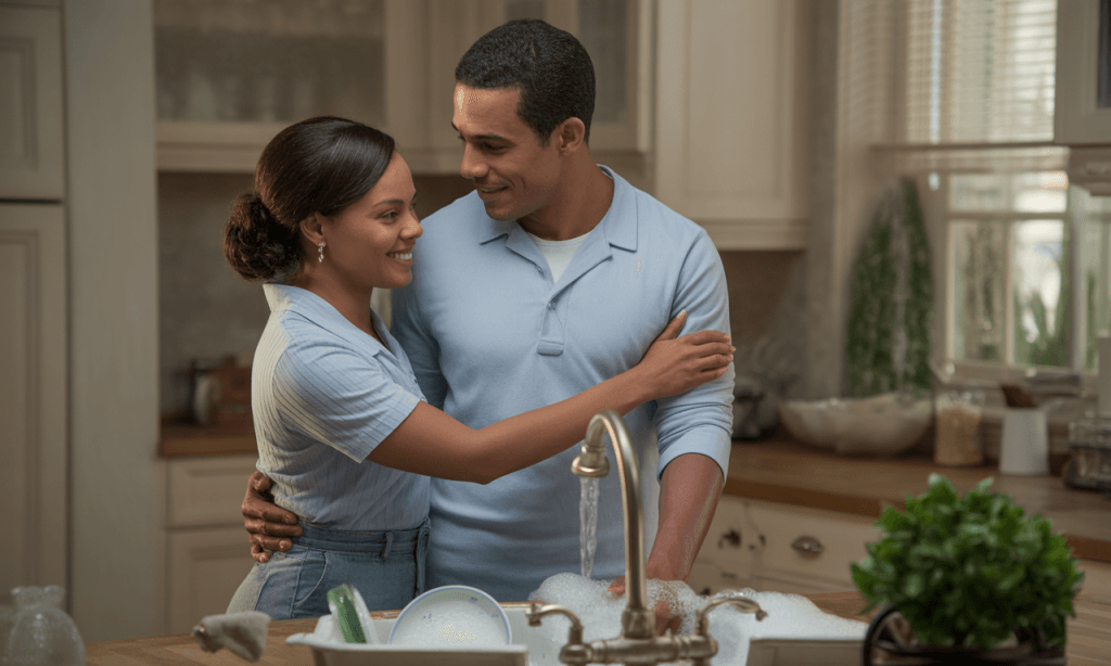 Husband and wife washing dishes together, with one smiling in appreciation at the other, modeling gratitude in marriage for their kids.