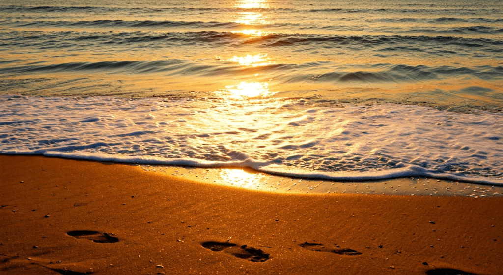 Ocean waves slowly washing away footprints as a picture of quiet drift in marriage.