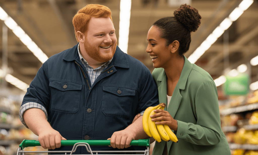 Couple having fun shopping for groceries showing joy in ordinary moments.