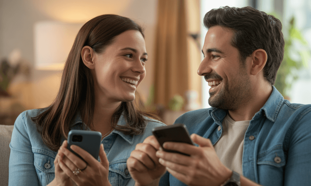 Couple laughing together symbolizing contentment and real connection.