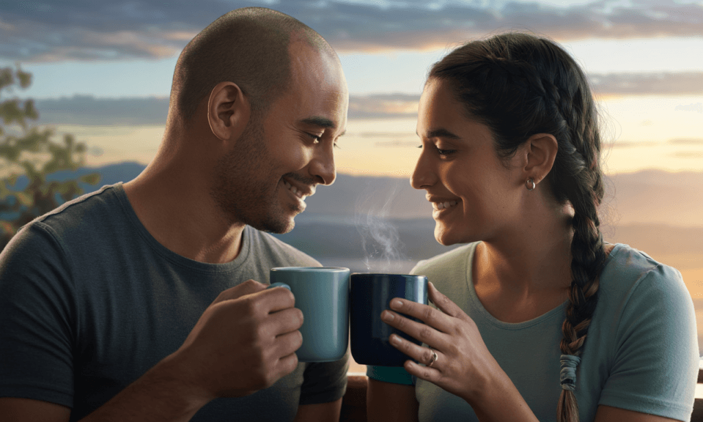 Married couple sitting quietly with morning coffee, symbolizing calm daily habits that build patience