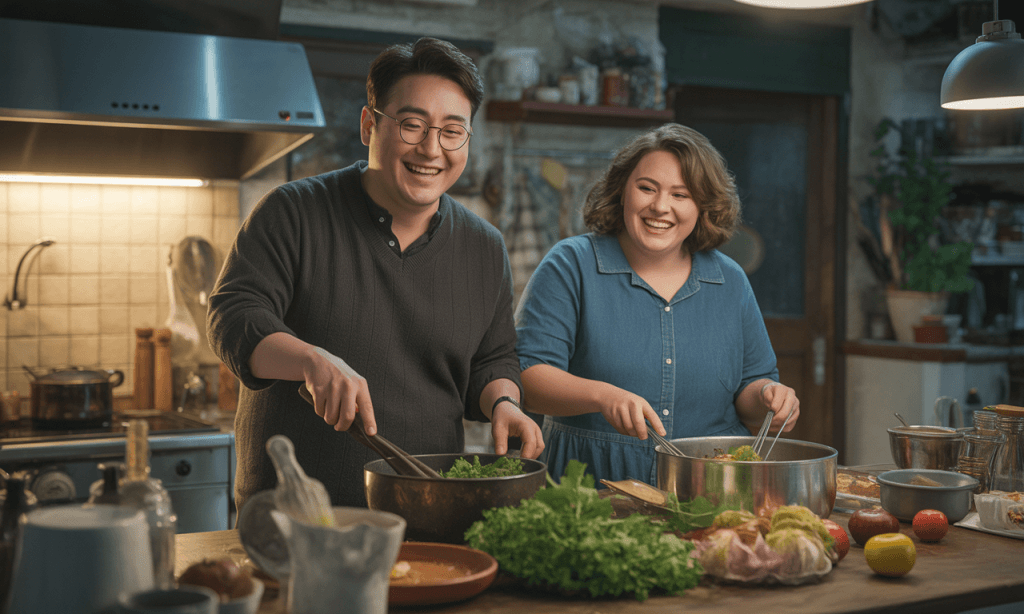 Couple laughing together while preparing dinner, showing joy and connection during a stressful waiting season