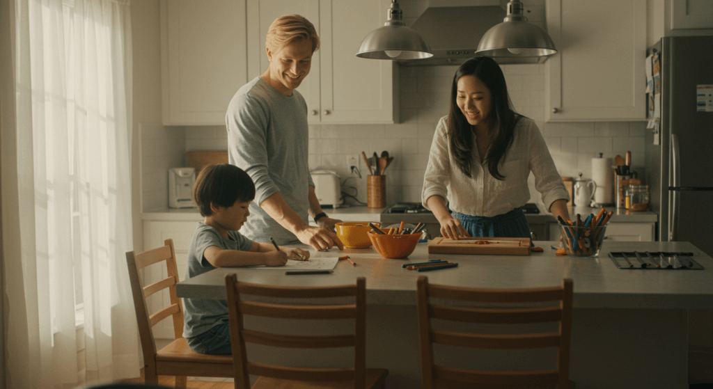 Child quietly coloring while overhearing a parent thank the other for making dinner, learning gratitude through their parents’ interaction.