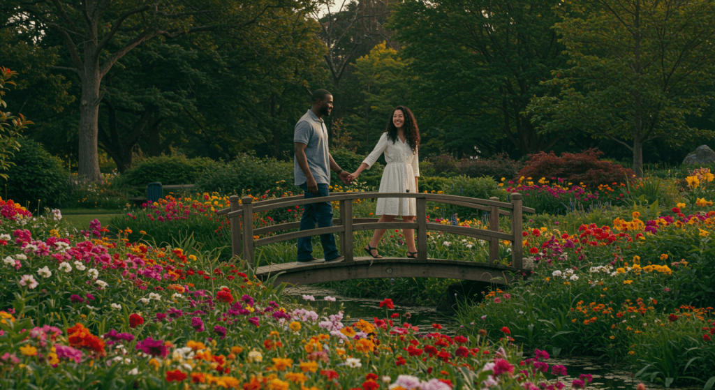 Couple walking in nature representing mindfulness and presence.