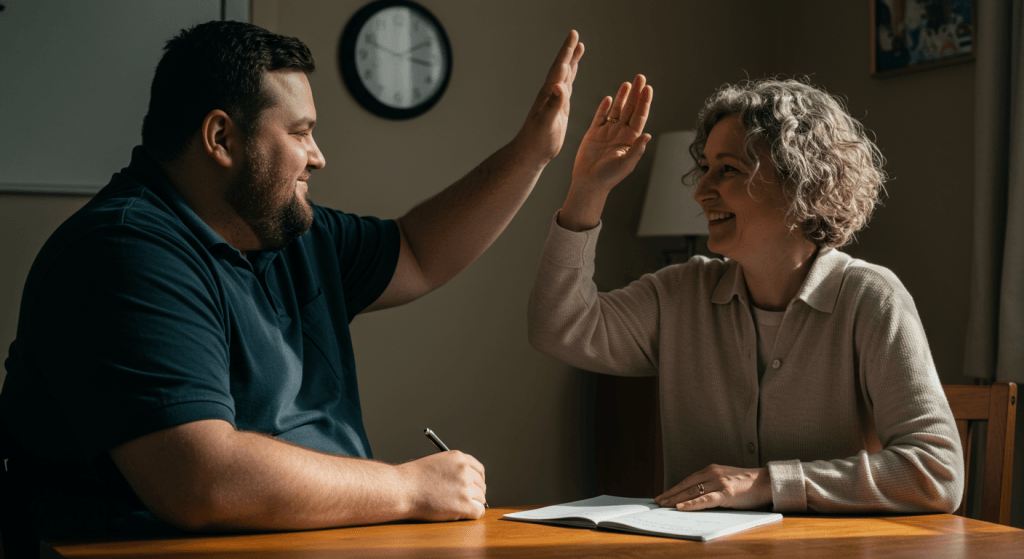 Planner and free spirit spouses celebrating a successful, brief weekly marriage meeting