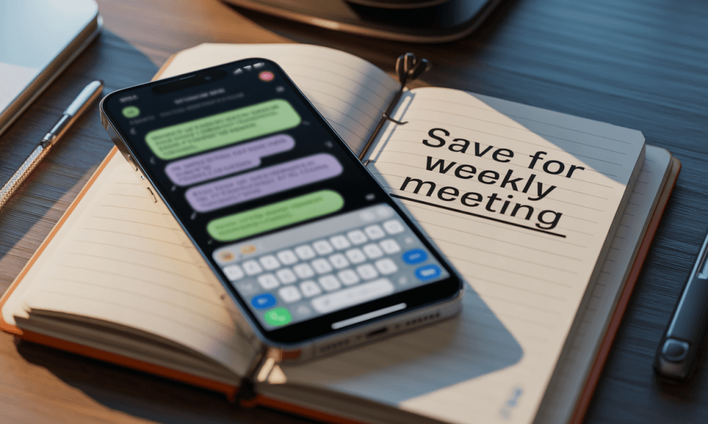 Stressful decision by text contrasted with a calmer written reminder to save it for the weekly meeting