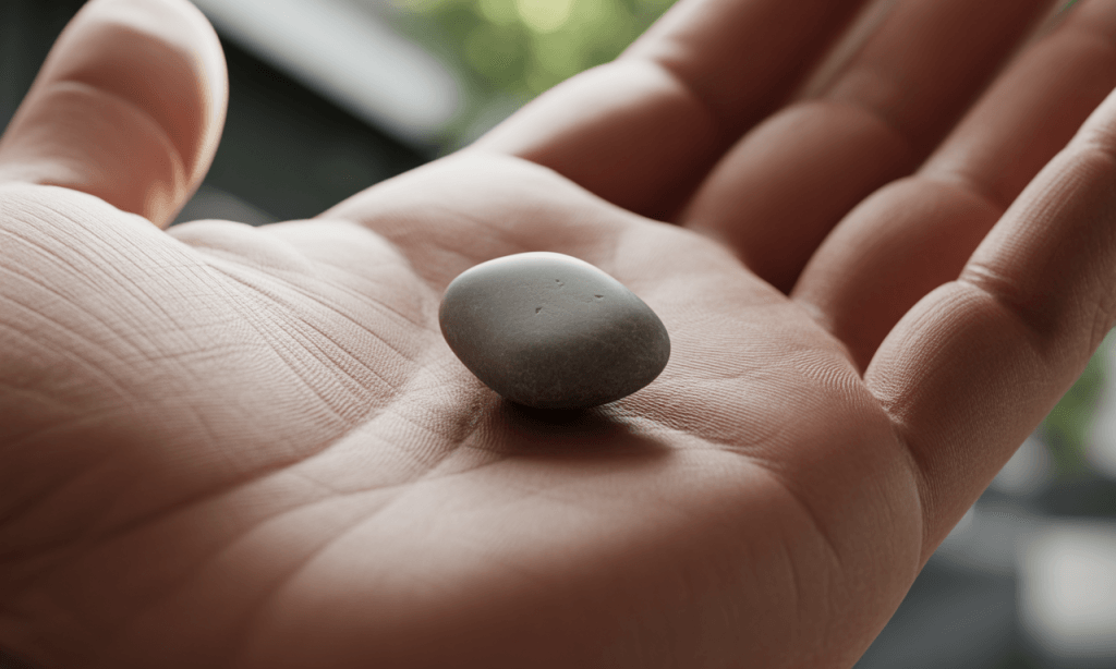 Pebble in palm symbolizing addressing small issues before they pile up.