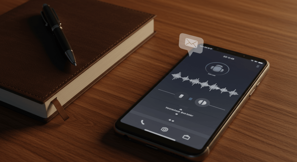 Journal, phone with a voice note app, and text notification on a table, representing different gratitude formats-gratitude journals, voice notes, and texts-for couples.